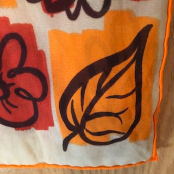 3/$15 Vintage Autumn Leaves Floral Silk Scarf Orange Red-Orange Black Cream - Picture 3 of 3